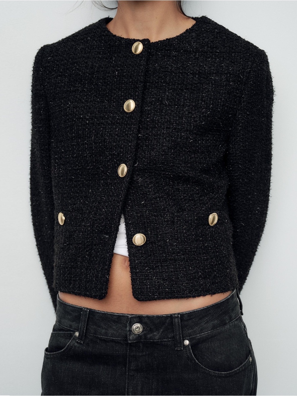 Zara - Cropped Textured Blazer Lady Jacket - Black